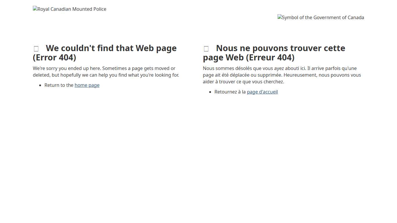We couldn't find that Web page (Error 404) - RCMP.ca / Nous ne pouvons trouver cette page Web (Erreur 404) - GRC.ca
