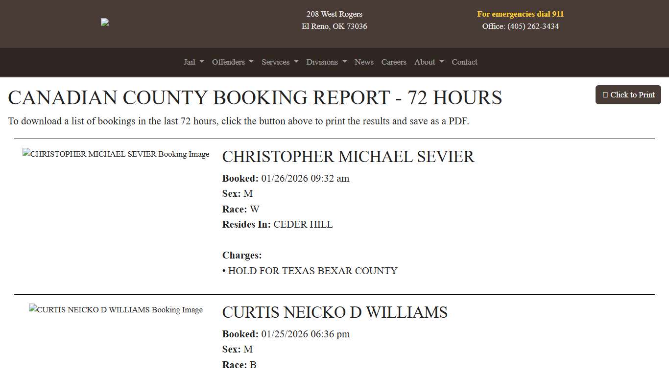 72 Hour Booking Report Canadian County Sheriff's Office