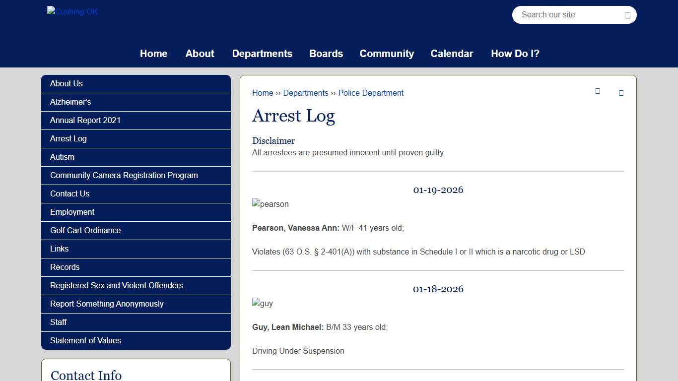 Arrest Log Cushing OK